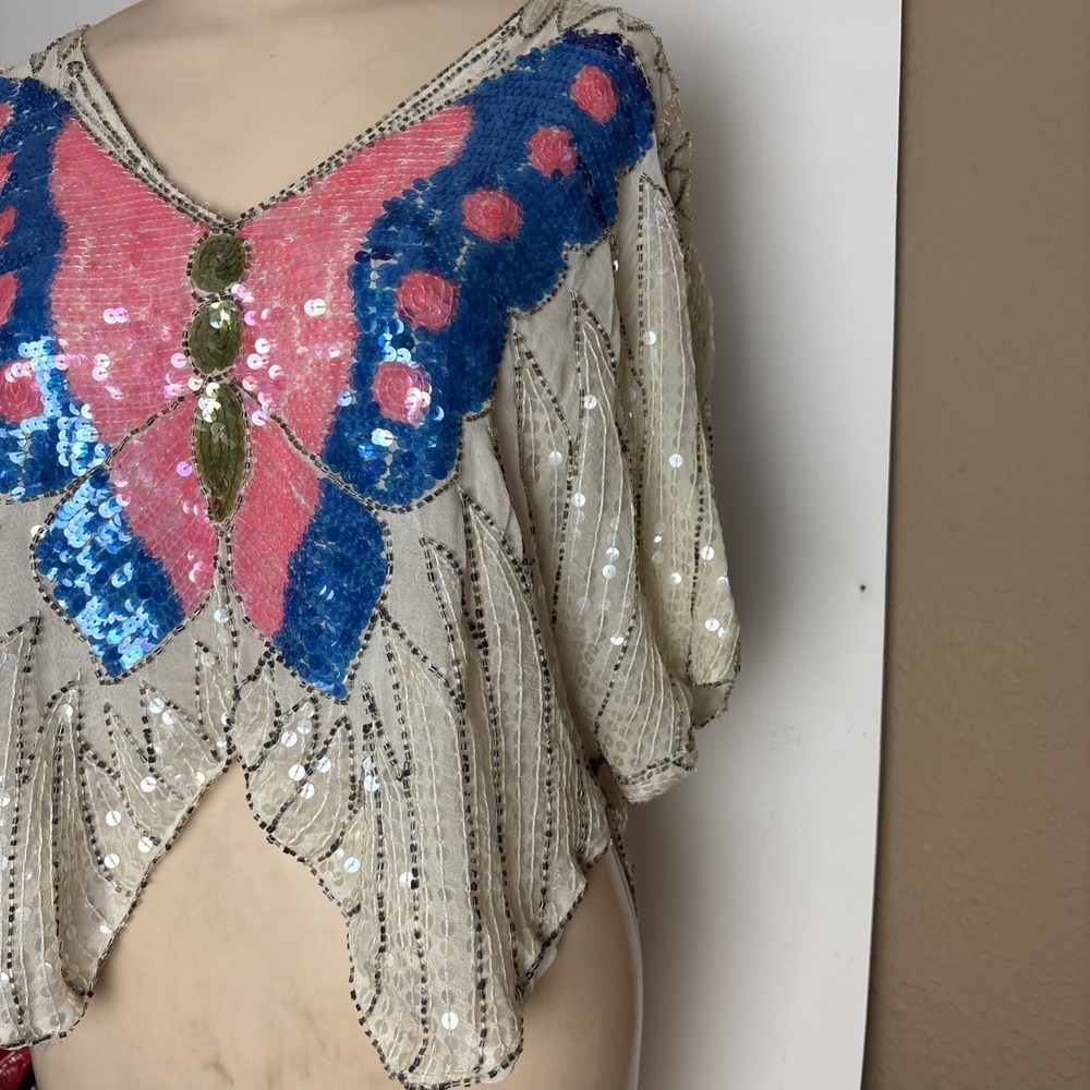 Vintage Butterfly Beaded & Sequins Queen Top Made In India Party Shirt Silk M/L - Picture 3 of 13
